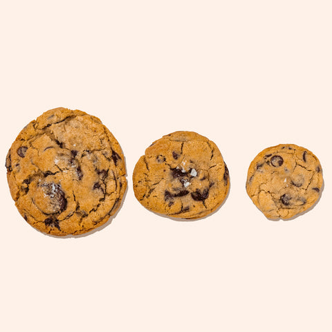 xl, large, and med chocolate chip cookies